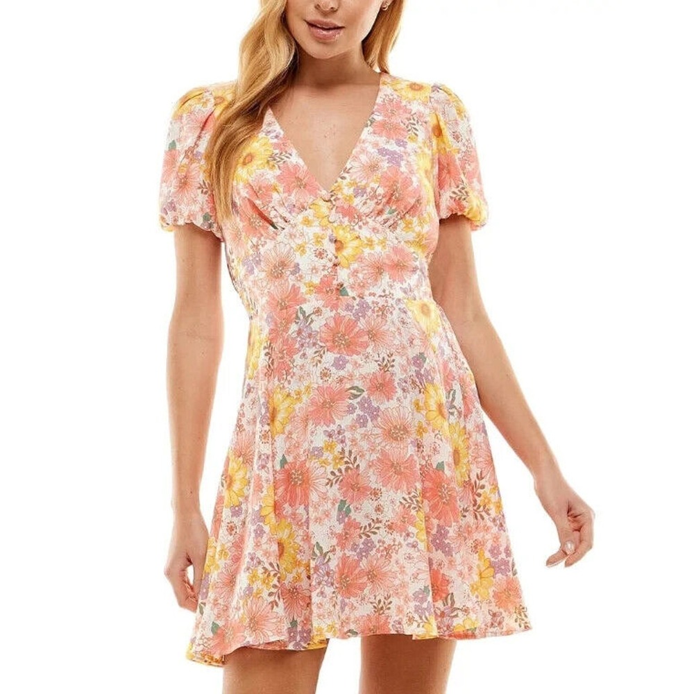 City Studio Juniors Floral Mini Fit & Flare Dress Women's Size M Day Pink Coral